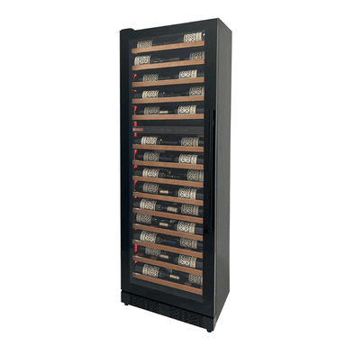 Allavino Reserva Series 67 Bottle 71 Tall Dual Zone Left Hinge Black Shallow Wine Refrigerator with Wood Front Shelves -Front view of wine refrigerator