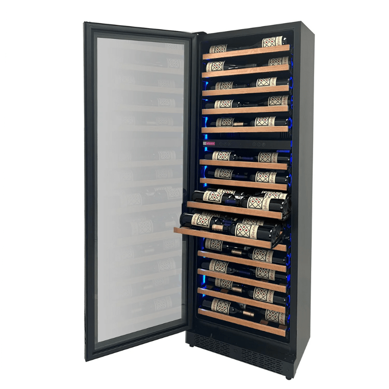 Allavino Reserva Series 67 Bottle 71 Tall Dual Zone Left Hinge Black Shallow Wine Refrigerator with Wood Front Shelves - Open view of wine refrigerator