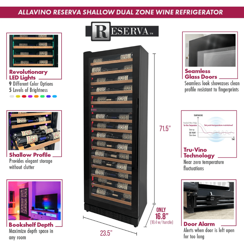 Allavino Reserva Series 67 Bottle 71 Tall Dual Zone Left Hinge Black Shallow Wine Refrigerator with Wood Front Shelves - Description of wine refrigerator