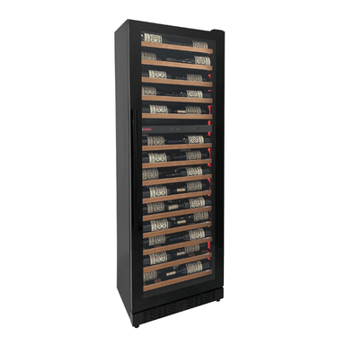 Allavino Reserva Series 67 Bottle 71 Tall Dual Zone Right Hinge Black Shallow Wine Refrigerator with Wood Shelf Fronts - Front view of wine refrigerator