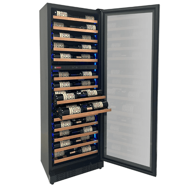 Allavino Reserva Series 67 Bottle 71 Tall Dual Zone Right Hinge Black Shallow Wine Refrigerator with Wood Shelf Fronts - Open view of wine refrigerator