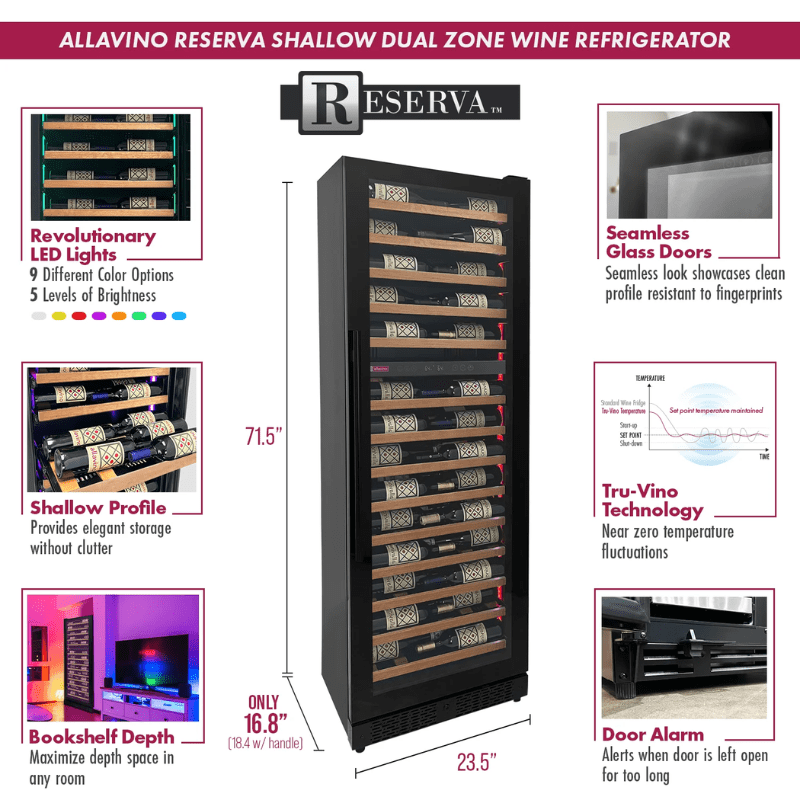 Allavino Reserva Series 67 Bottle 71 Tall Dual Zone Right Hinge Black Shallow Wine Refrigerator with Wood Shelf Fronts - Description of wine refrigerator