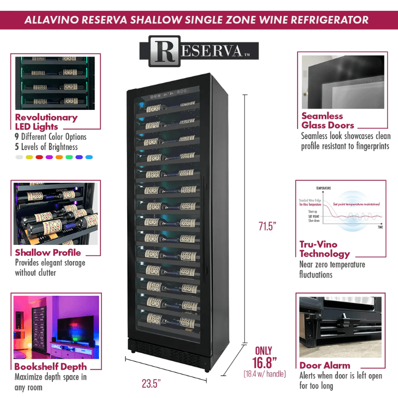 Allavino Reserva Series 67 Bottle 71 Tall Single Zone Left Hinge Black Shallow Wine Refrigerator Console - Description of wine refrigerator