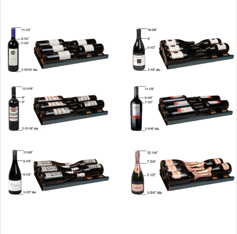 Allavino Reserva Series, 67 Bottle, 71" Tall, Single Zone Wine Refrigerator – Right Hinge, Black Glass Door, Console Design - different types of bottles on shelves