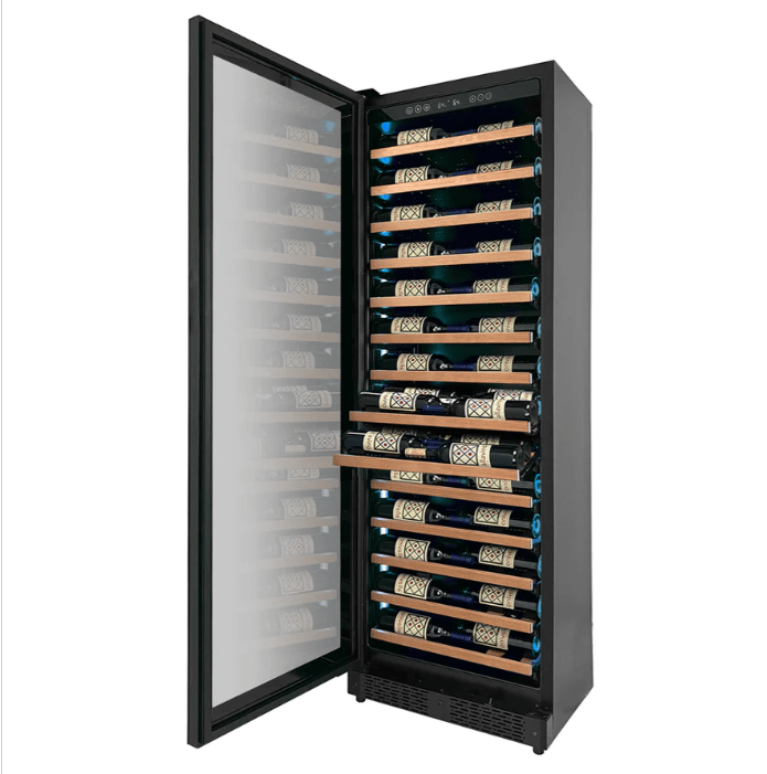 Allavino Reserva Series 67 Bottle 71" Tall Single Zone Left Hinge Black Shallow Wine Refrigerator with Wood Front Shelves - door open