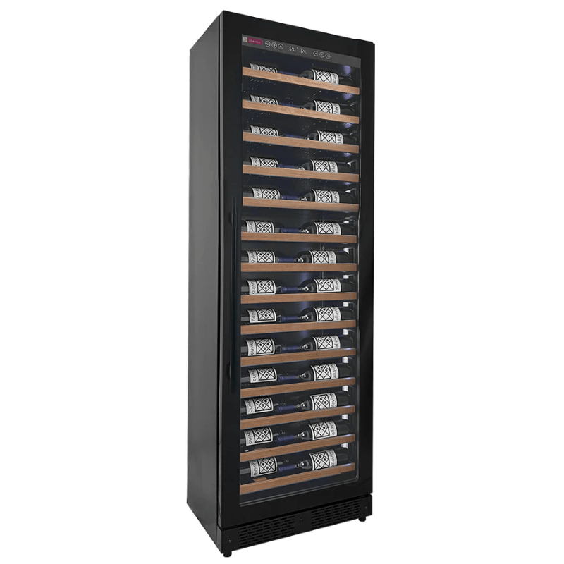 Allavino Reserva Series 67 Bottle 71 Tall Single Zone Right Hinge Black Shallow Wine Refrigerator with Wood Front Shelves - Front view of wine refrigerator