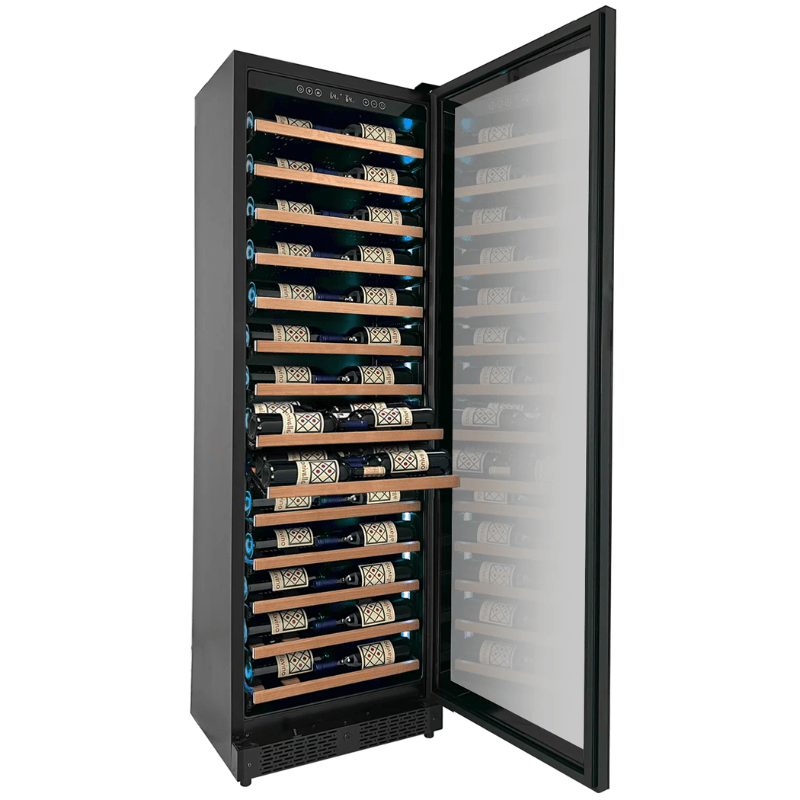 Allavino Reserva Series 67 Bottle 71 Tall Single Zone Right Hinge Black Shallow Wine Refrigerator with Wood Front Shelves - Open view of wine refrigerator