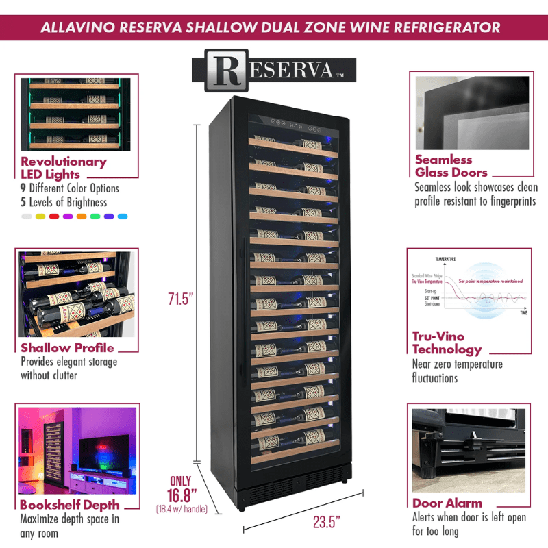 Allavino Reserva Series 67 Bottle 71 Tall Single Zone Right Hinge Black Shallow Wine Refrigerator with Wood Front Shelves - Description of wine refrigerator