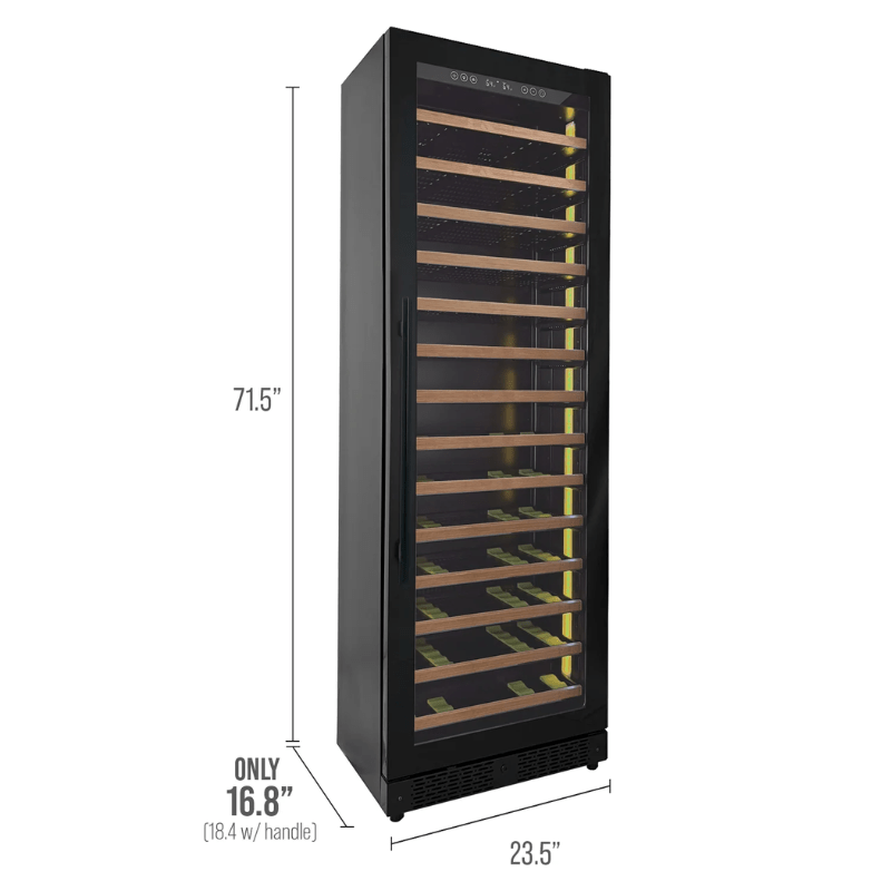 Allavino Reserva Series 67 Bottle 71 Tall Single Zone Right Hinge Black Shallow Wine Refrigerator with Wood Front Shelves - Dimensions of wine refrigerator