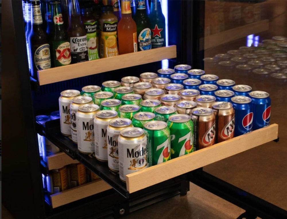 Allavino Reserva Series, Stainless Steel, Side-by-Side Beverage Center - shelf pulled out with beverage cans