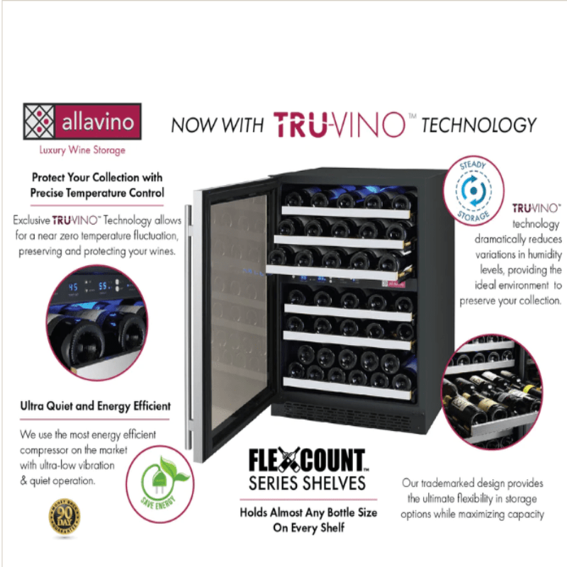 Allavino FlexCount Series 56 Bottle Dual Zone Built-in Wine Cooler Refrigerator with Black Door - Right Hinge - Tru Vino technology