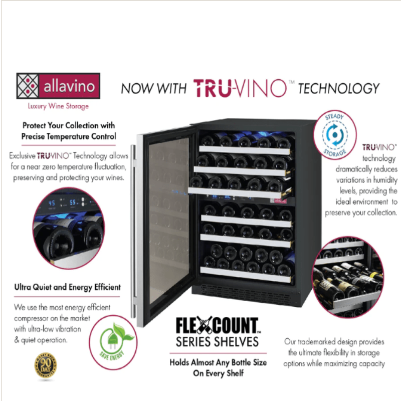 Allavino 24" Wide FlexCount II Tru-Vino 128 Bottle Single Zone Stainless Steel Left Hinge Wine Refrigerator - Tru-Vino technology