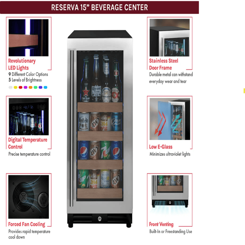 Beverage cooler with features highlighted on a green background