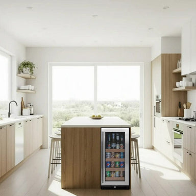 Allavino 15-Inch Reserva Series Beverage Center built into modern kitchen island cabinetry with stainless steel finish