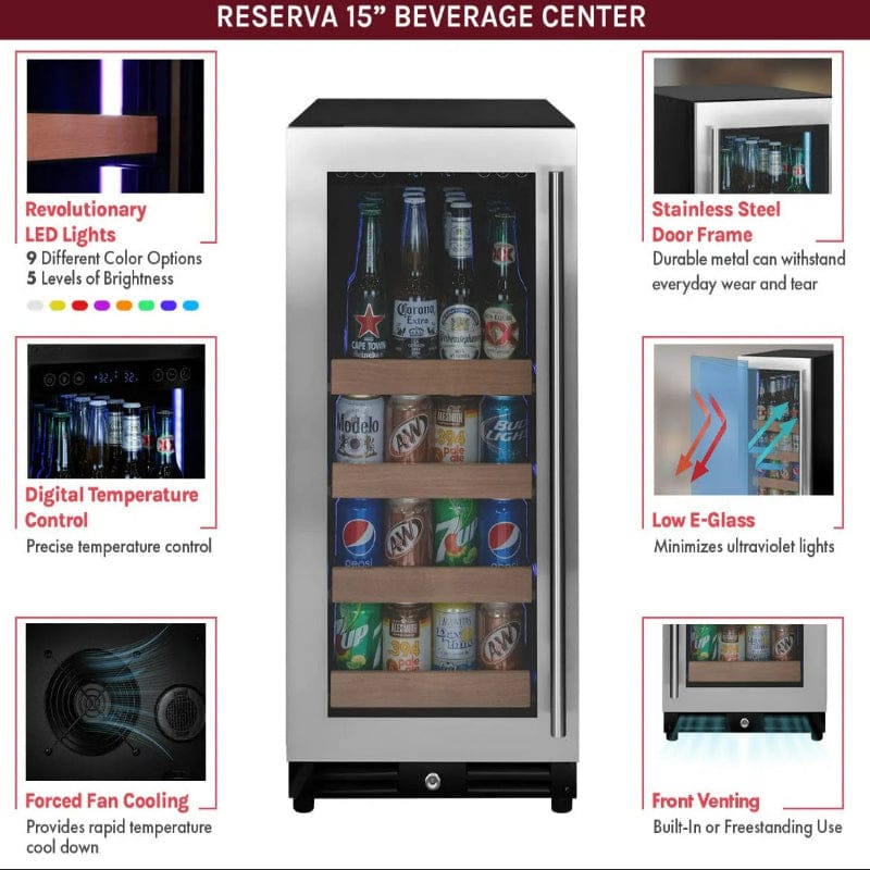 Allavino 15-Inch Reserva Series Stainless Steel Beverage Center with Tru-Vino Cooling and 8-Color LED Lighting