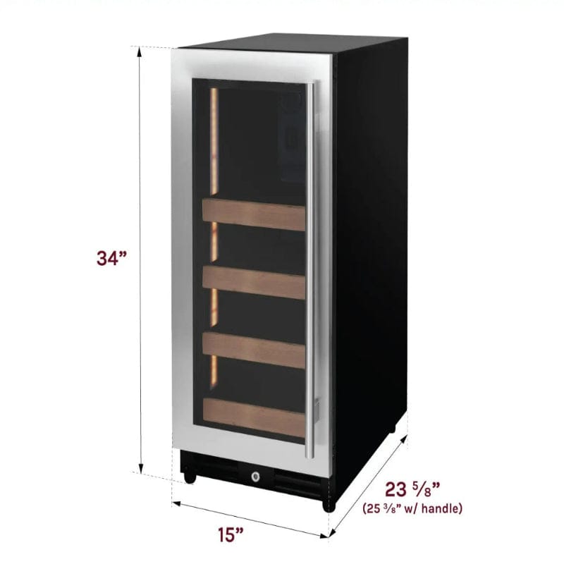 Beverage cooler with dimensions Allavino 15-Inch Reserva Series Beverage Center product dimensions diagram showing height, width, and depth