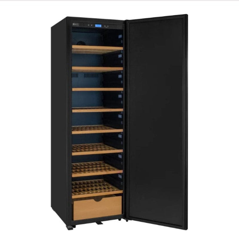 Allavino 76.5" Tall Single Zone Wine Vault with Solid Black Right Hinge Door - door open with empty shelves