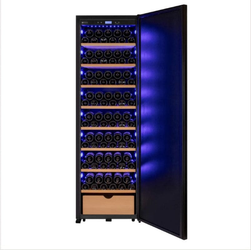 Allavino 76.5" Tall Single Zone Wine Vault with Solid Black Right Hinge Door - door open with blue led lights on