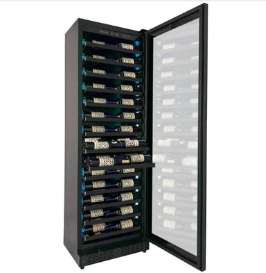 Allavino Reserva Series, 67 Bottle, 71" Tall, Single Zone Wine Refrigerator – Right Hinge, Black Glass Door, Console Design - door open with wine bottles on shelves