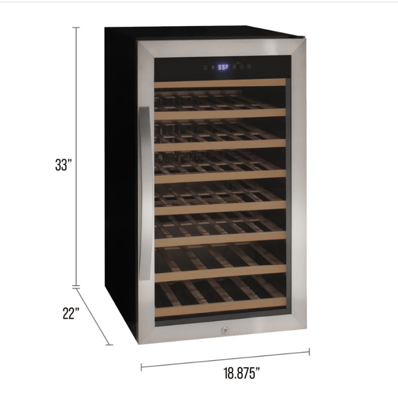 Wine cooler with dimensions labeled on a white background
