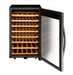 Wine cooler with open door showing wooden shelves on a white background