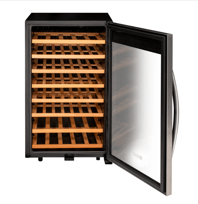 Wine cooler with open door showing wooden shelves on a white background