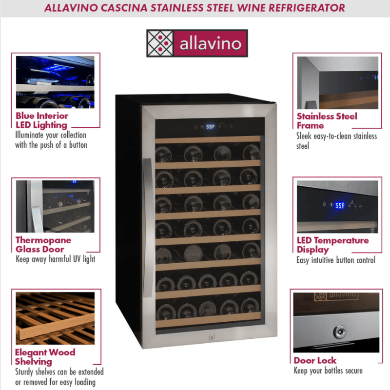 Allavino Cascina stainless steel wine refrigerator with features highlighted