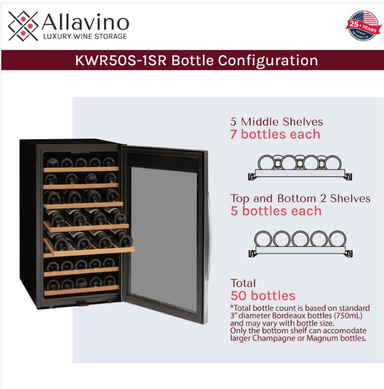 Allavino wine cooler with bottle configuration details on a white background