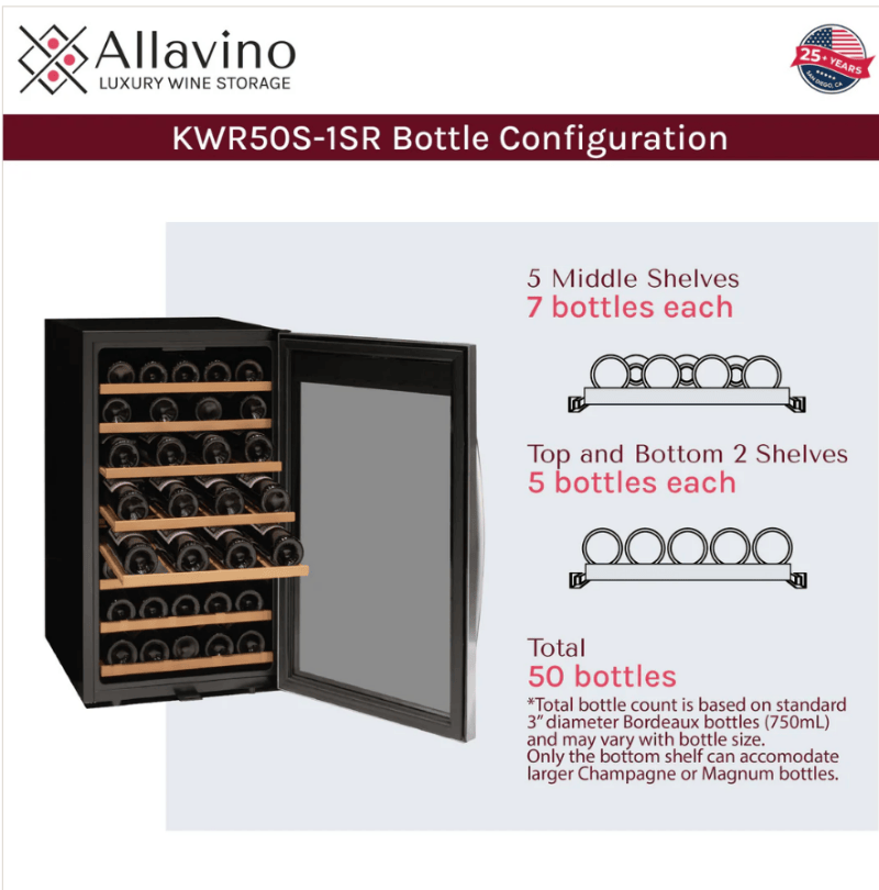 Allavino wine cooler with bottle configuration details on a white background