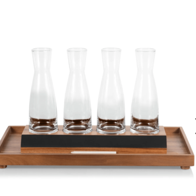 Cava Wine Tasting Kit With 4 Glass Carafes - empty carafes and serving tray with piece of chalk