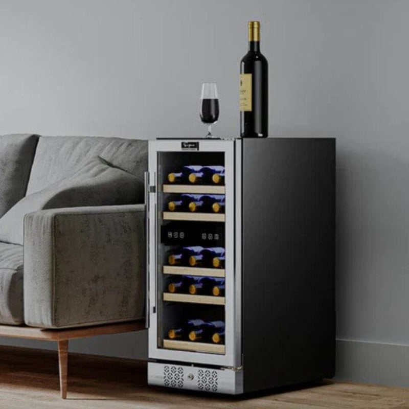 Empava 15" Dual Zone Small Wine 29 Bottles Fridge - freestanding beside a couch