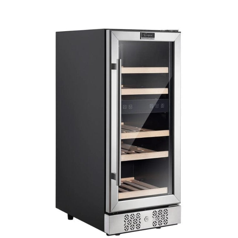 Empava 15" Dual Zone Small Wine 29 Bottles Fridge - side and front view, empty inside