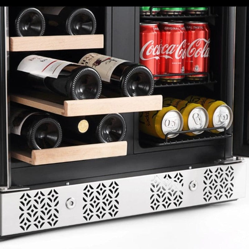 Empava 24" Dual Zone Wine and Beer Fridge Beverage Cooler  - wood shelf pulled out