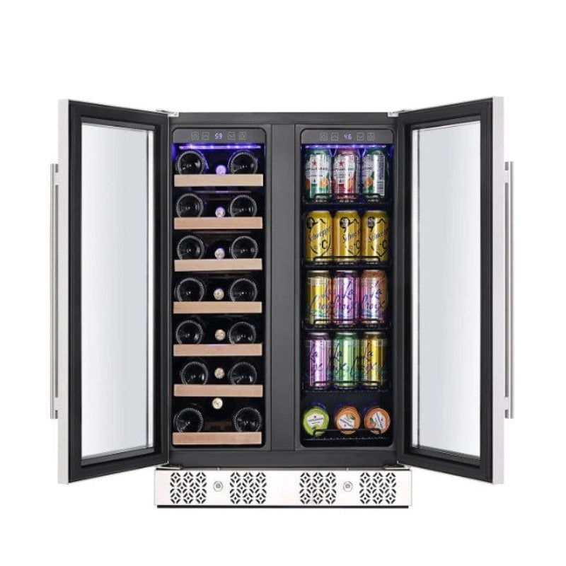 Empava 24" Dual Zone Wine and Beer Fridge Beverage Cooler  - doors open with bottles and cans on shelves