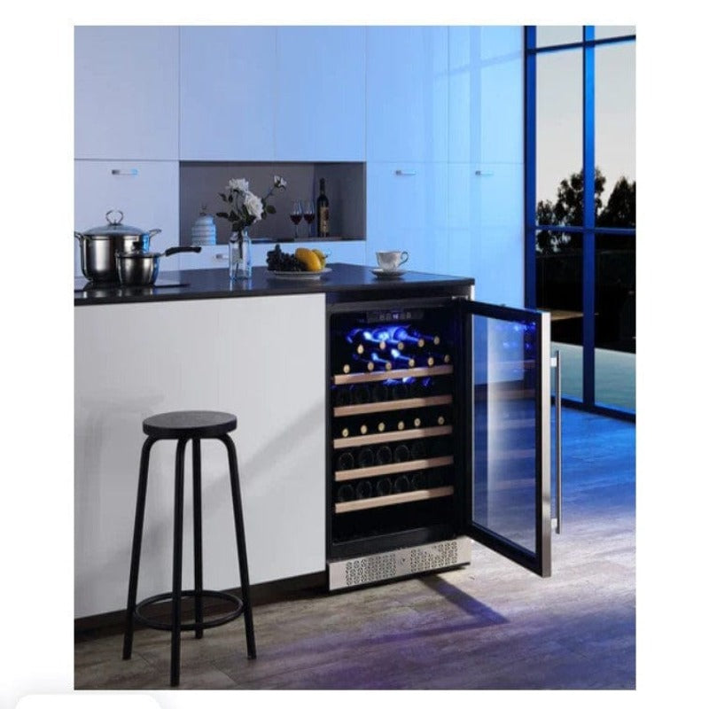 Empava 24 Inch Wine Cooler Wine Fridge 52 Bottles - built into kitchen counter, door open