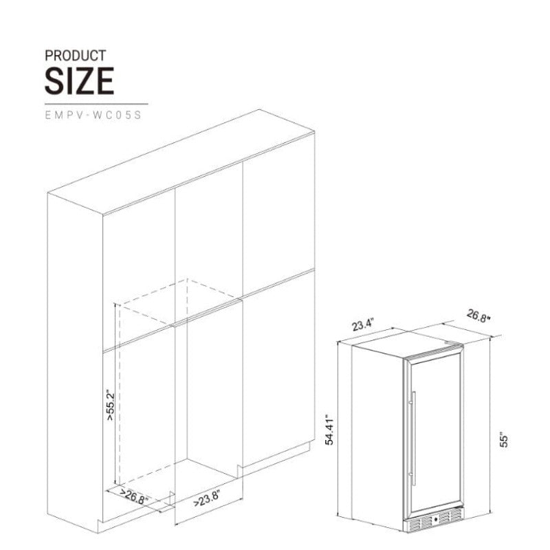 Empava 24" Single Zone Tall Wine 127 Bottles Refrigerator - dimensions