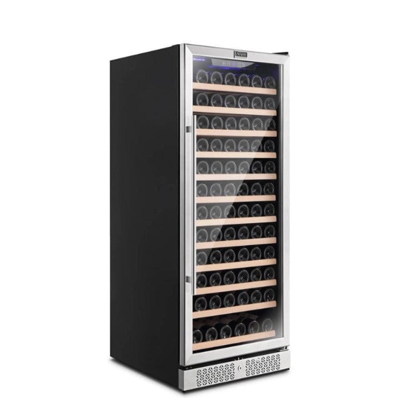 Empava 24" Single Zone Tall Wine 127 Bottles Refrigerator - front and side view with wine bottles inside