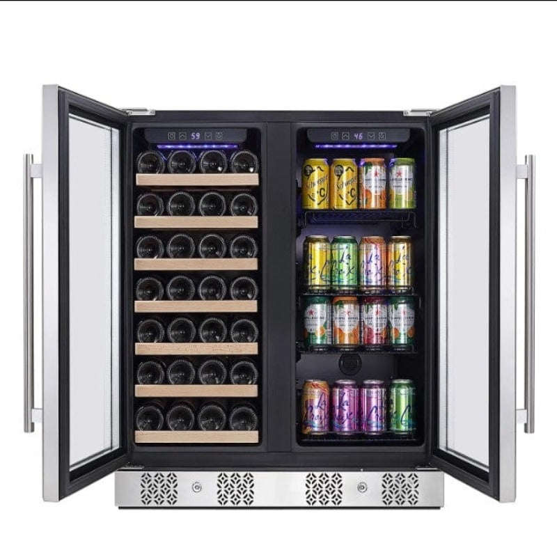 Empava 31" Dual Zone Wine and Beer Fridge Beverage Cooler - doors open with bottles and cans on shelves