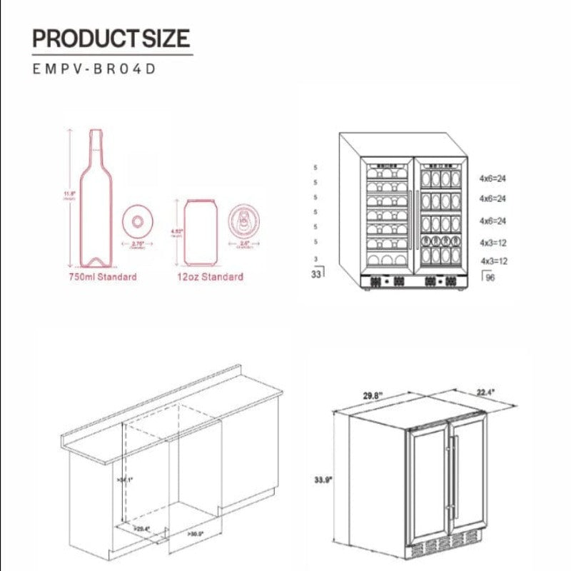 Empava 31" Dual Zone Wine and Beer Fridge Beverage Cooler - dimensions