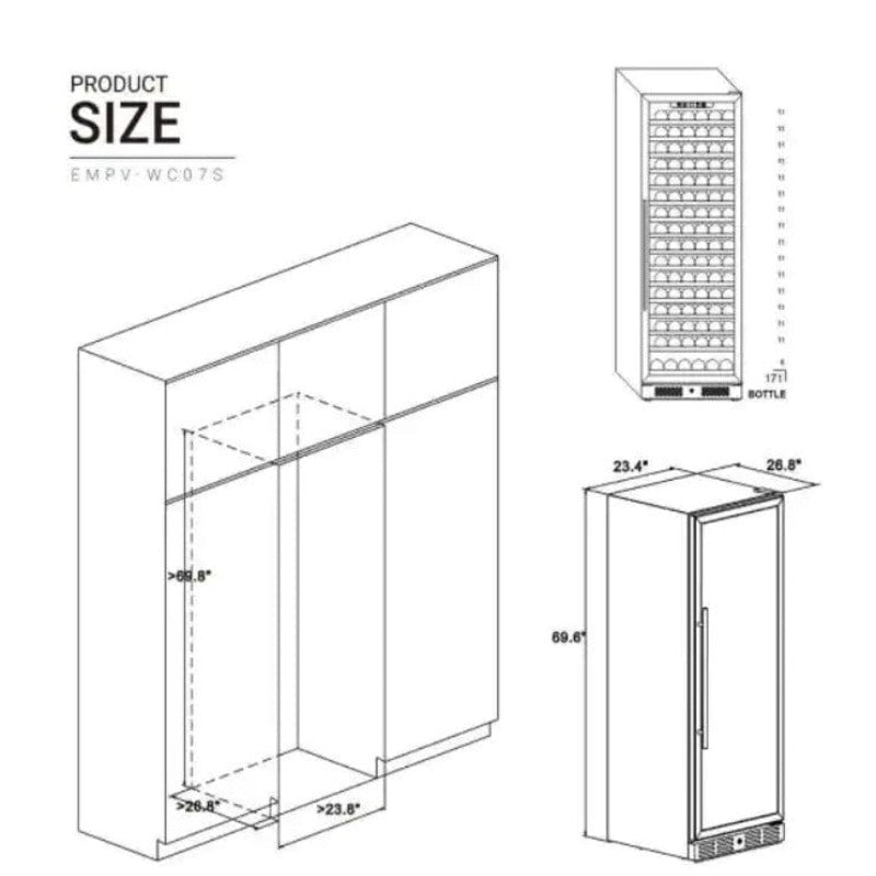 Empava Dual Zone Wine Cooler 160 Bottles 70" Tall Wine Fridge - dimensions