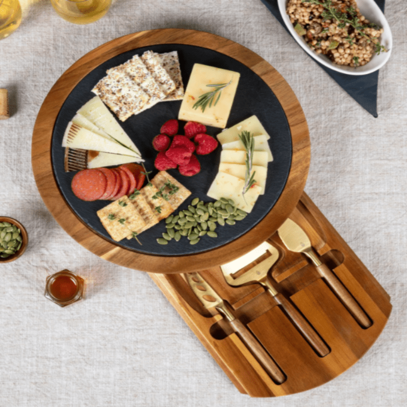 INSIGNIA ACACIA AND SLATE SERVING BOARD WITH CHEESE TOOLS - view from above with cheese, appetizers and cheese tools