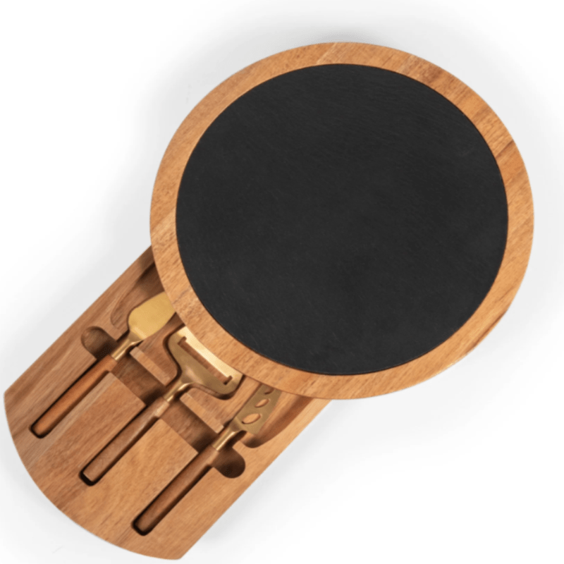 INSIGNIA ACACIA AND SLATE SERVING BOARD WITH CHEESE TOOLS-view from above of serving board with cheese tools and nothing on the tray