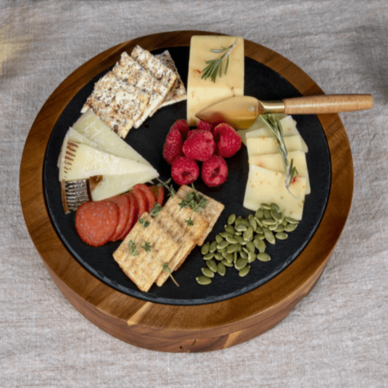 INSIGNIA ACACIA AND SLATE SERVING BOARD WITH CHEESE TOOLS-serving tray with appetizers and one cheese tool