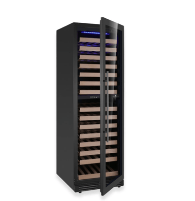 Black wine cooler with open door on a white background