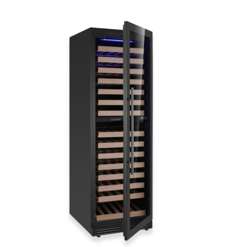 Black wine cooler with open door on a white background