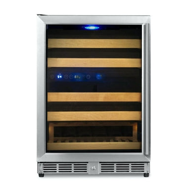 KingsBottle KBU50DX-Stainless Steel Trimmed, Left Hand Hinged Door with Door Closed with Blue Lighting inside