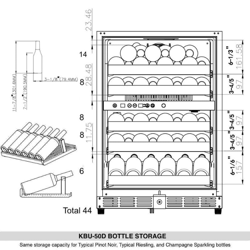 KingsBottle KBU50DX-Stainless Steel Trimmed, Right Hand Hinged Door with 44 Bottle Storage