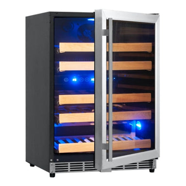 KingsBottle KBU50DX-Stainless Steel Trimmed, Right Hand Hinged Door with Door Slightly Open with Blue Lighting inside