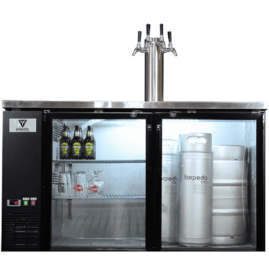 KOMOS Olympus II Kegerator | Quad NukaTap Stainless Flow Control Faucet - front view with bottles and kegs inside