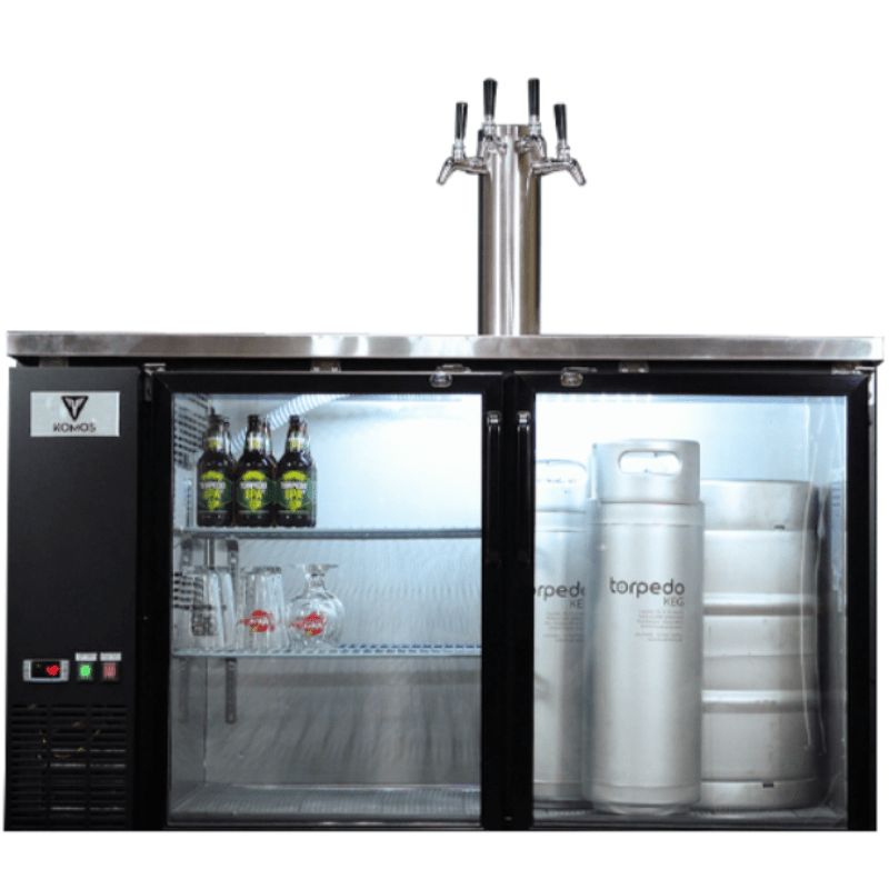 KOMOS Olympus II Kegerator | Single Intertap Stainless Steel Faucet - front view with bottles and kegs inside